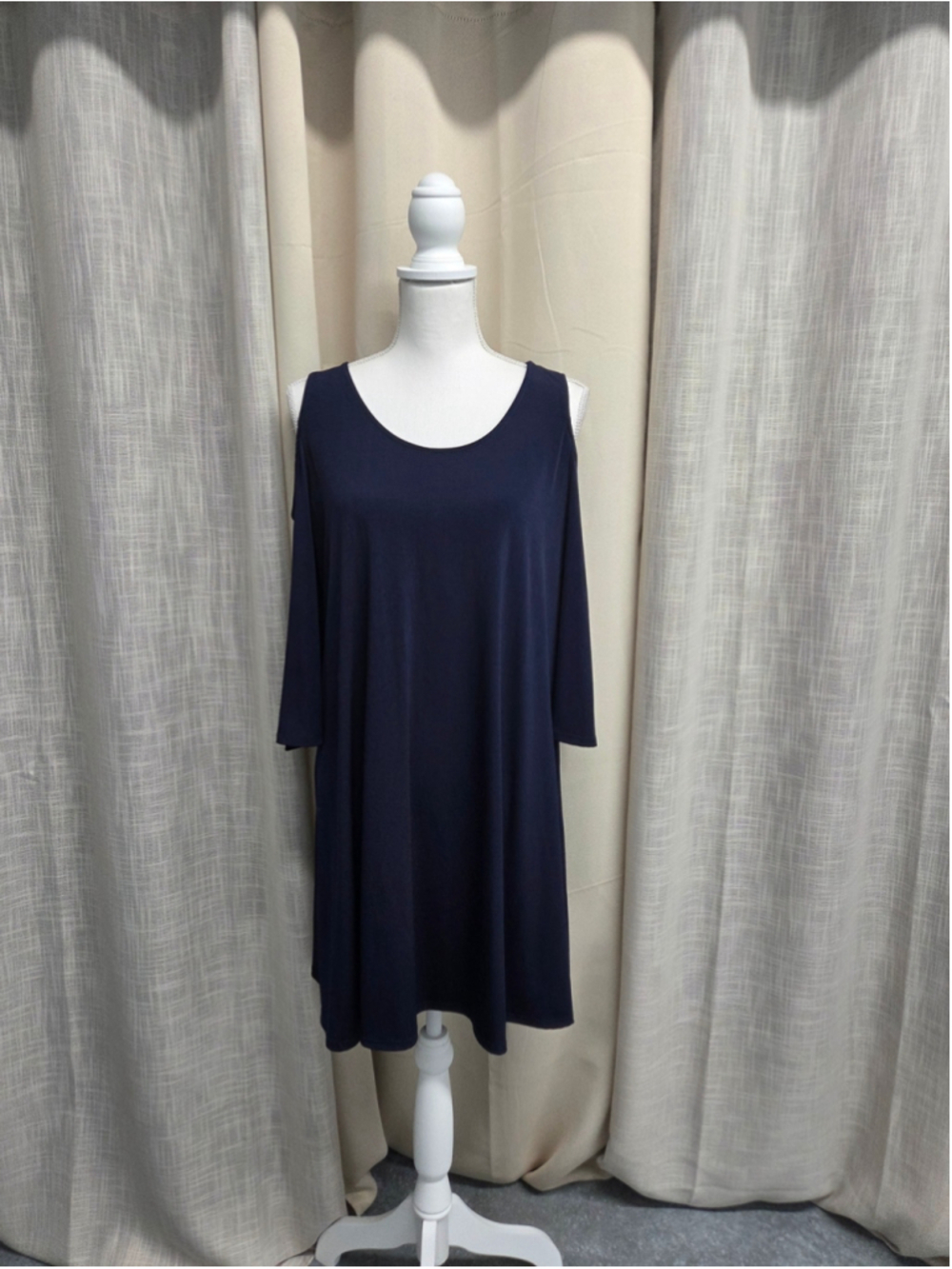 Espresso Navy Cold-Shoulder Midi Dress L Minimalist Breezy Effortless Twilight